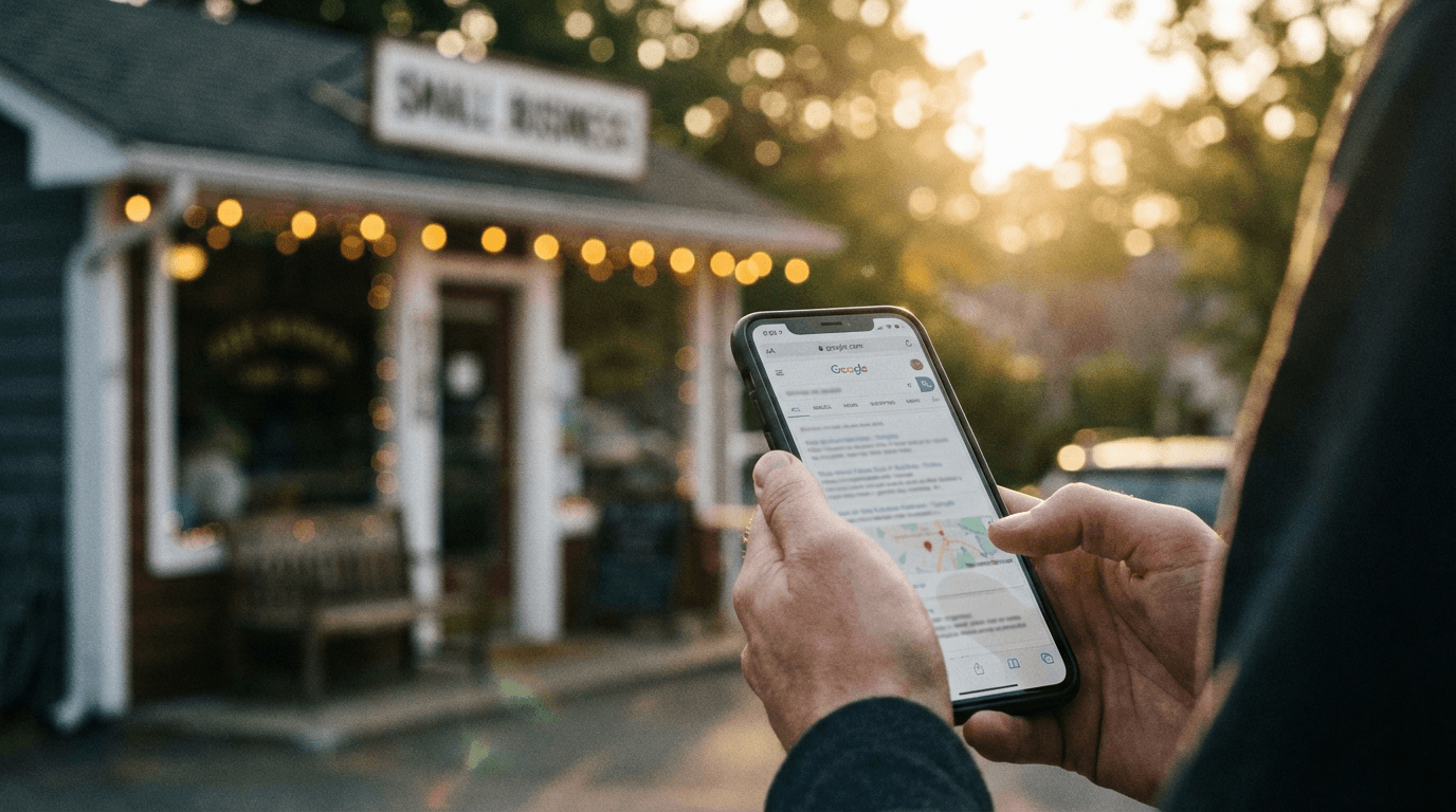 Person holding smartphone showing Google search results in front of small business storefront