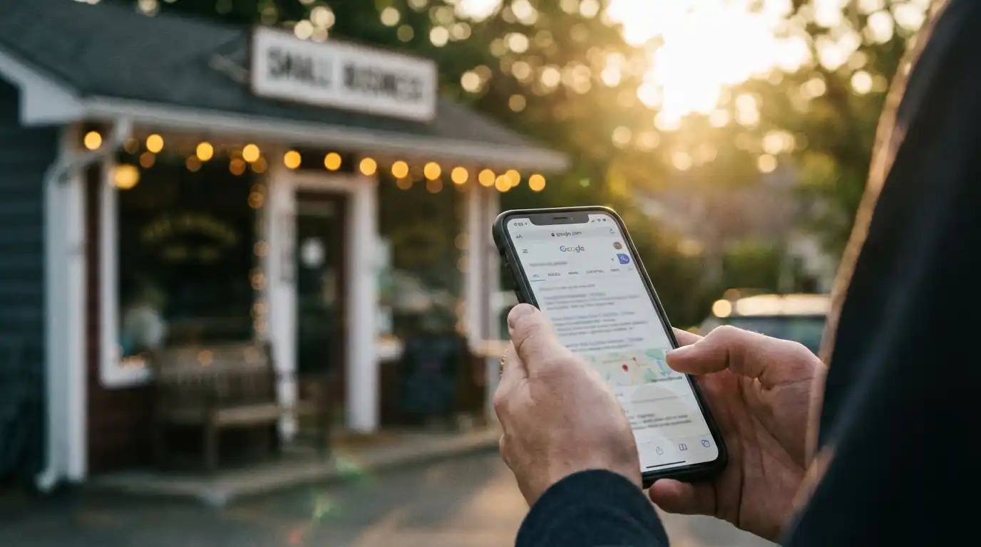 Person holding smartphone showing Google search results in front of small business storefront