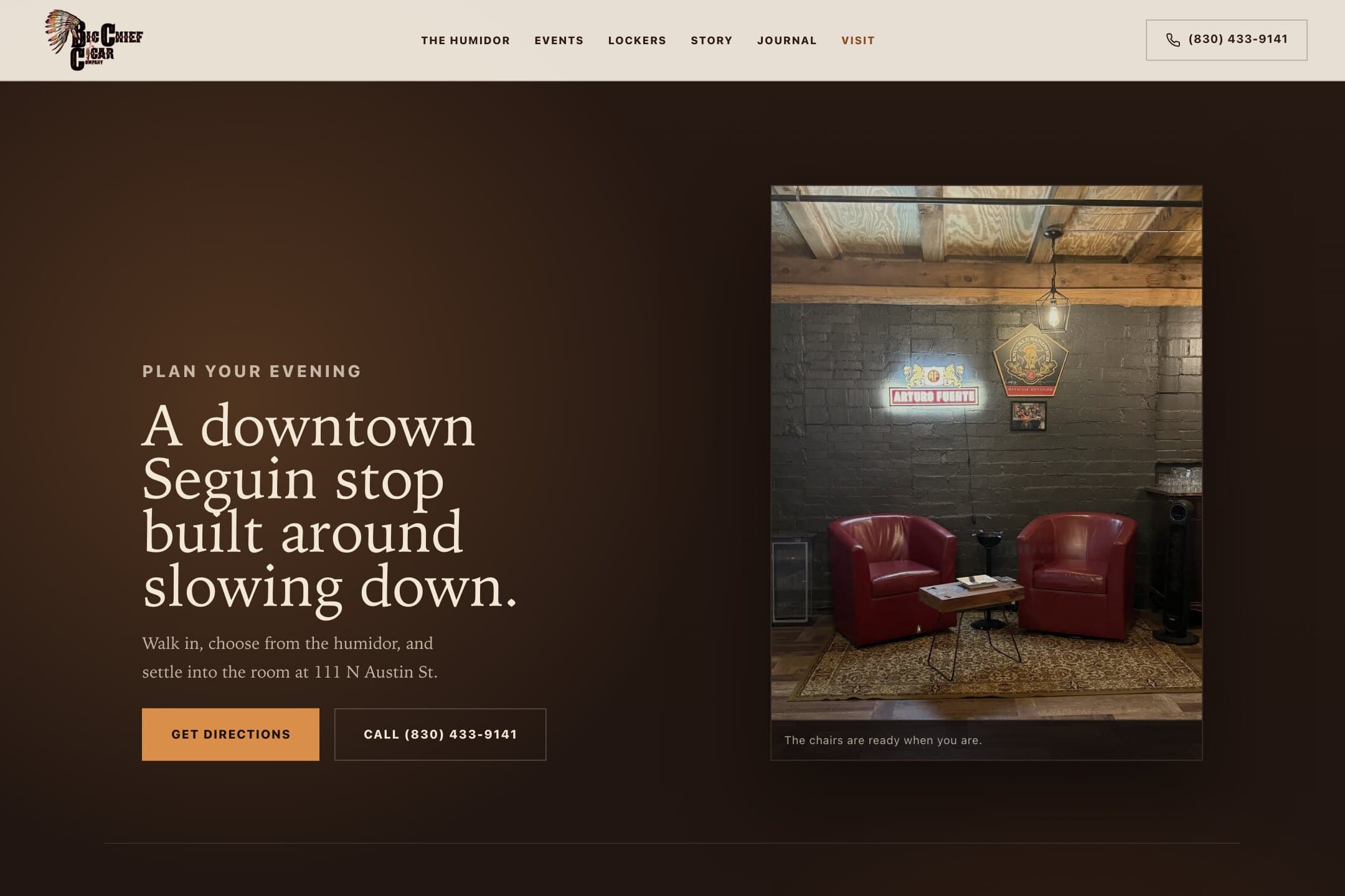 The Visit page on the Big Chief Cigar Company website, with two red leather chairs under a lantern