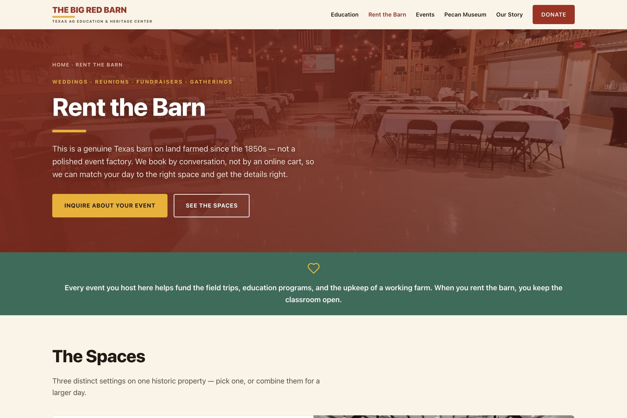 The Rent the Barn page on the rebuilt Big Red Barn website, showing the main hall set for an event and an inquiry button