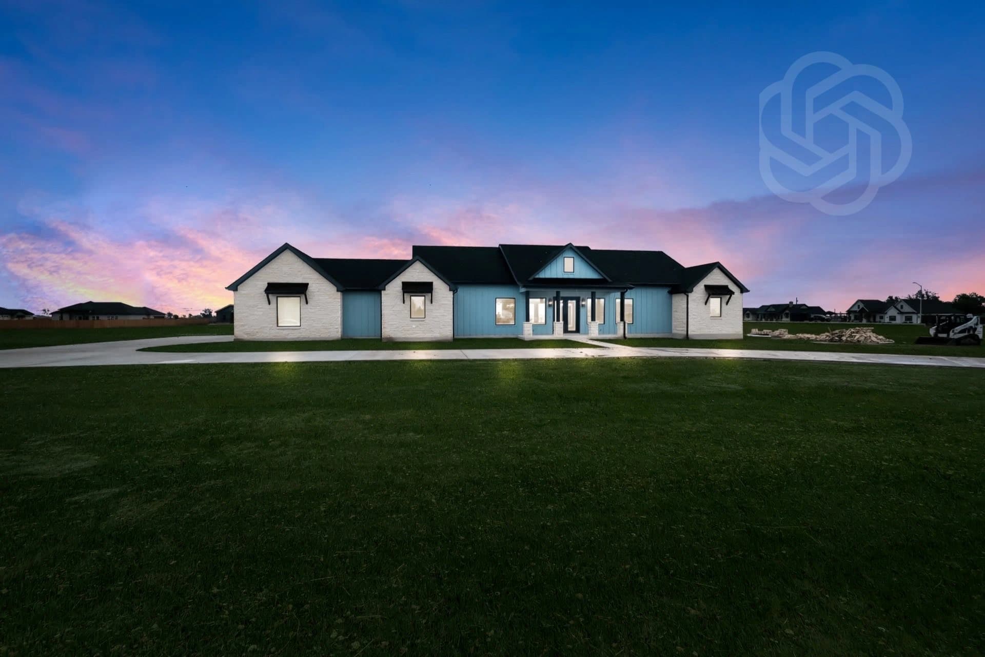 A custom home built by TKG Custom Homes in the Texas Hill Country at sunset, with the OpenAI mark ghosted faintly in the upper sky