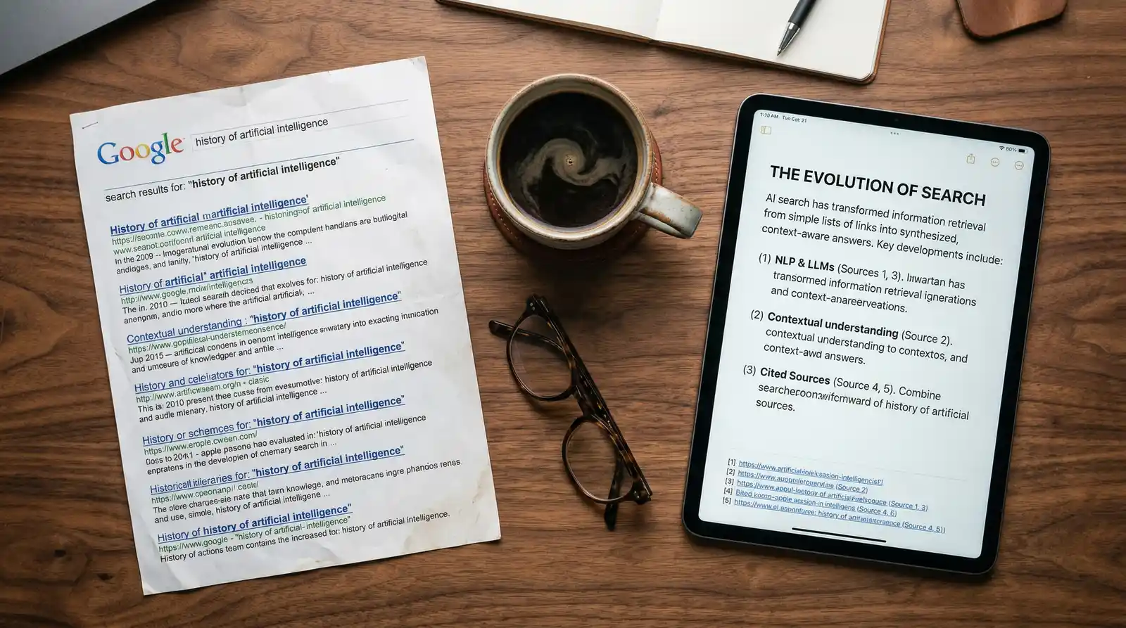 Google search results on a phone beside a coffee cup, representing AI search for local businesses