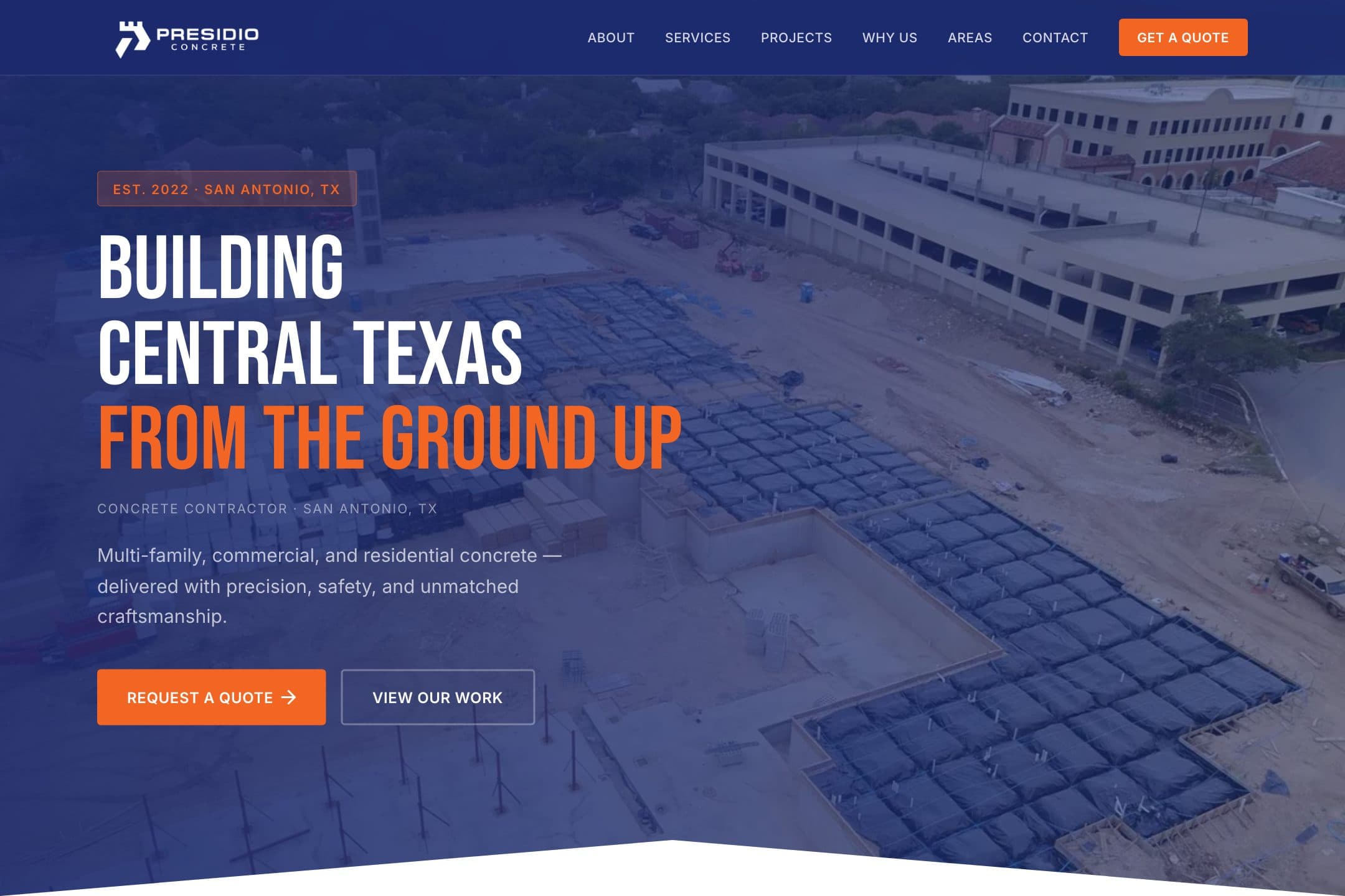 Homepage of the Presidio Concrete website
