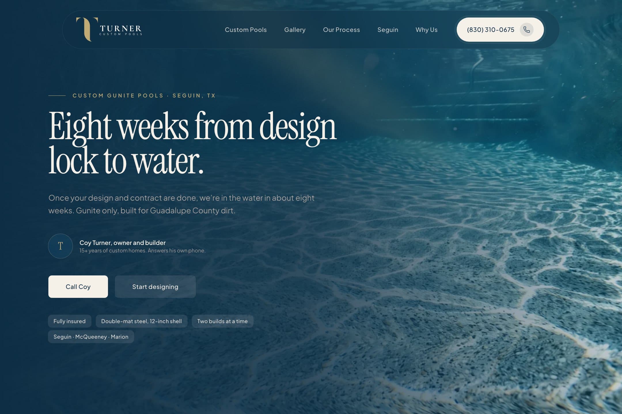 Turner Custom Pools homepage, designed and built by RJ Digital