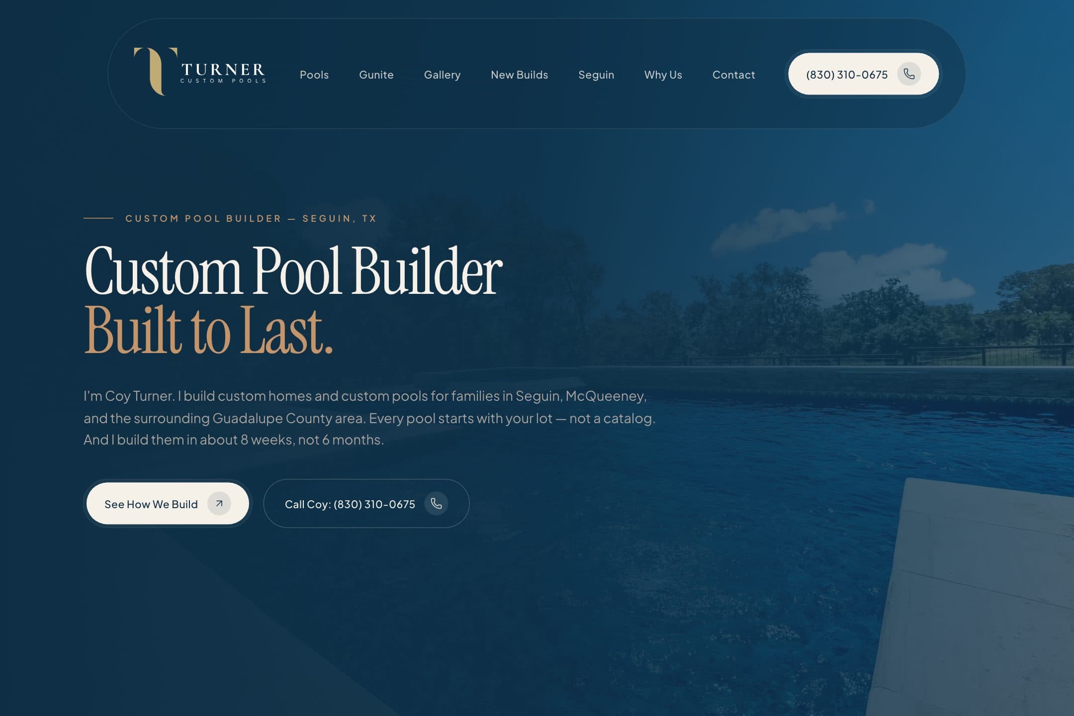 Homepage of the Turner Custom Pools website