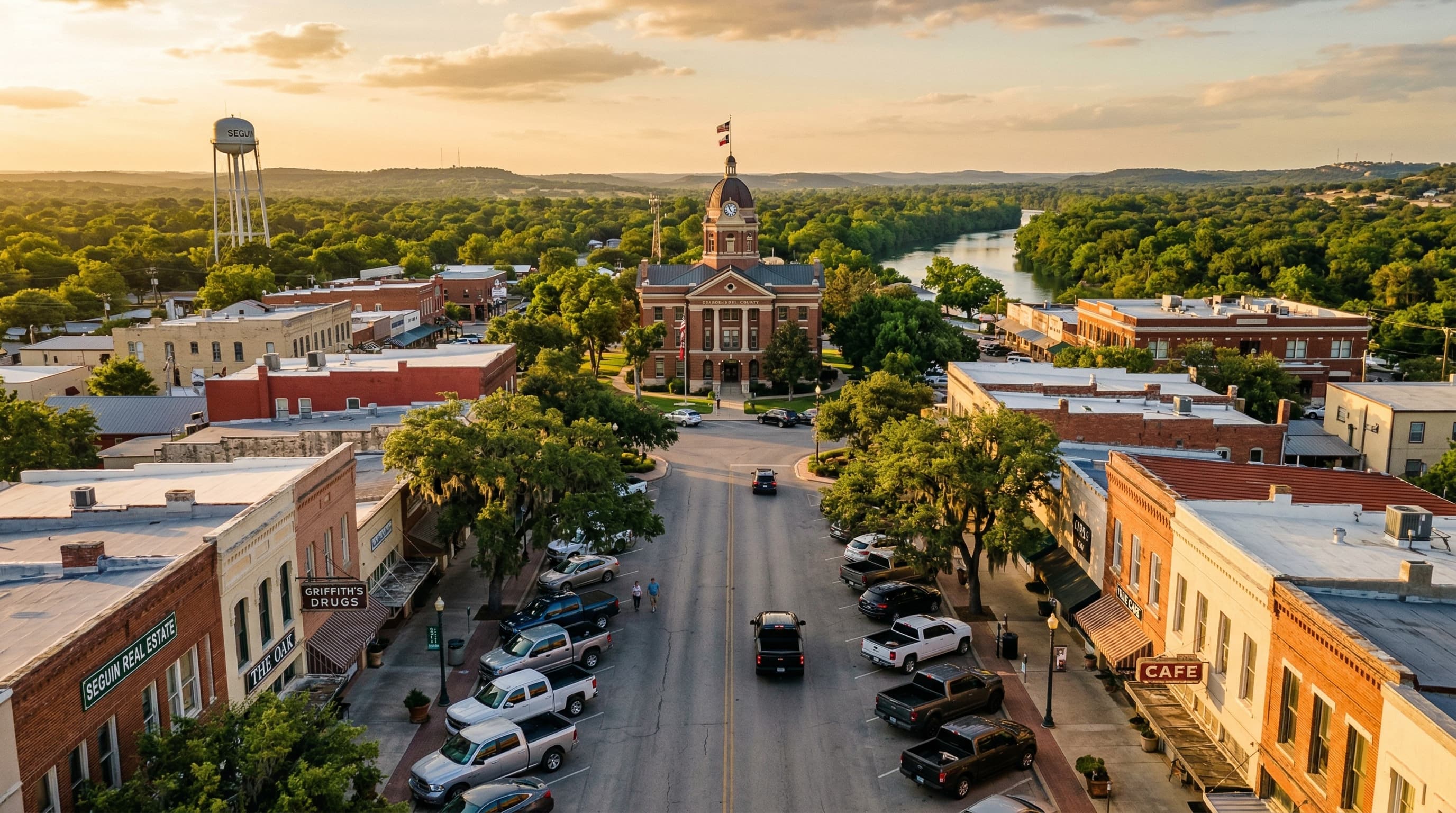 Downtown Seguin, Texas at golden hour
