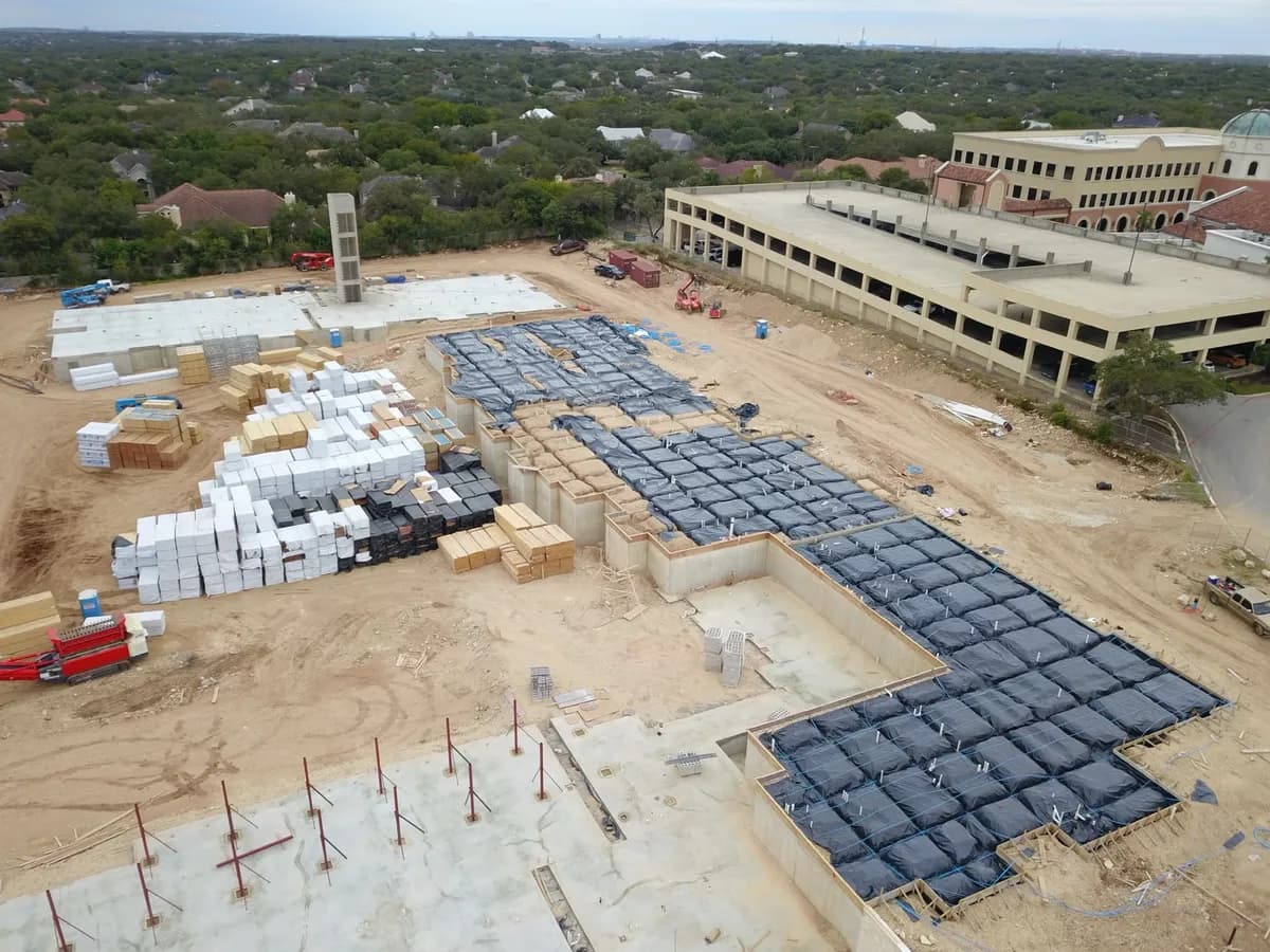 Aerial view of a Presidio Concrete slab pour in progress