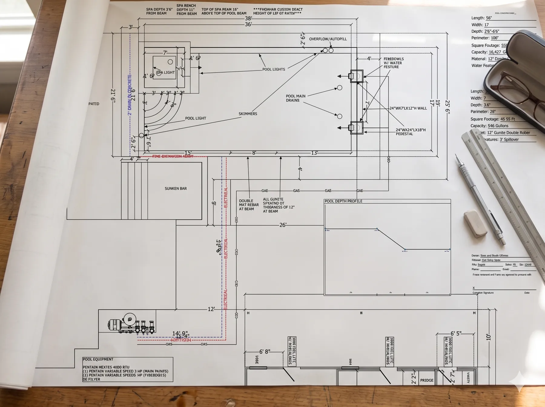 A pool construction plan laid out on a table, with a pencil and glasses beside it