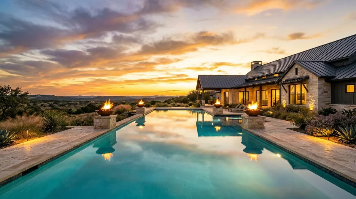 A finished gunite pool by Turner Custom Pools at sunset, fire bowls lit