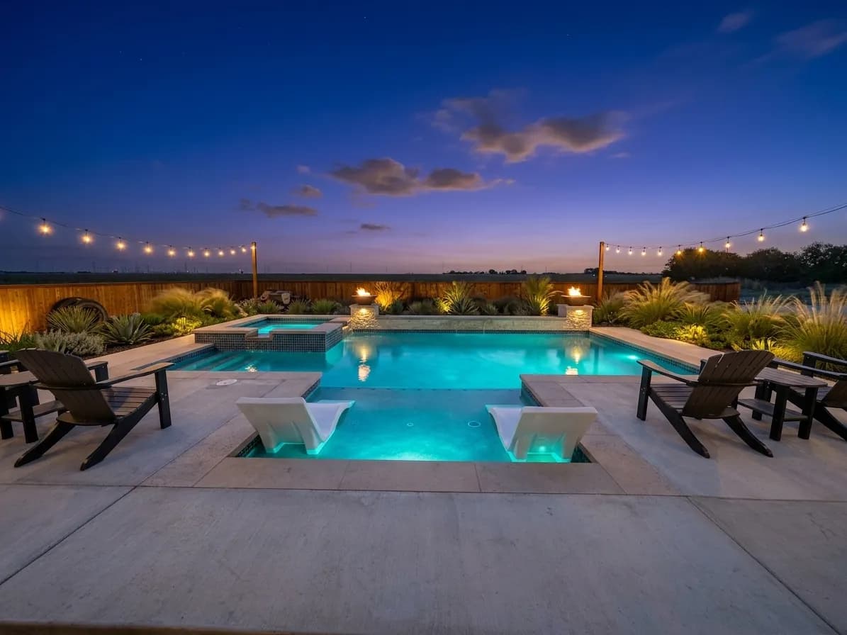 In-pool tanning loungers at dusk on a Turner Custom Pools build, string lights overhead