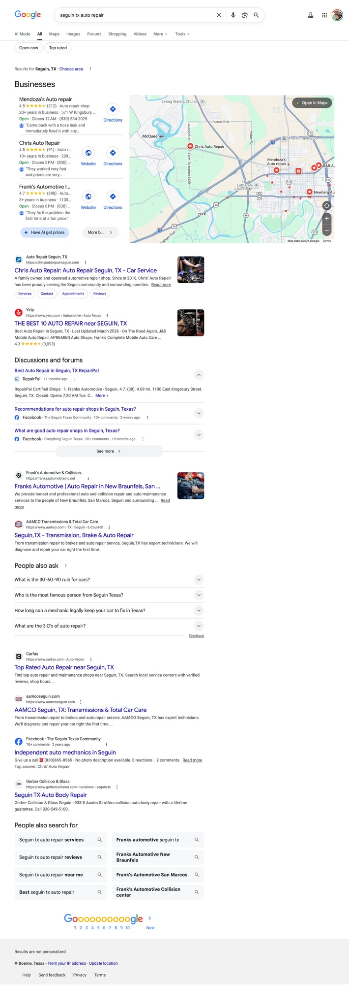 Google search results for 'seguin tx auto repair' showing Mendoza's Auto Repair with Directions only versus Chris Auto Repair with a full website button