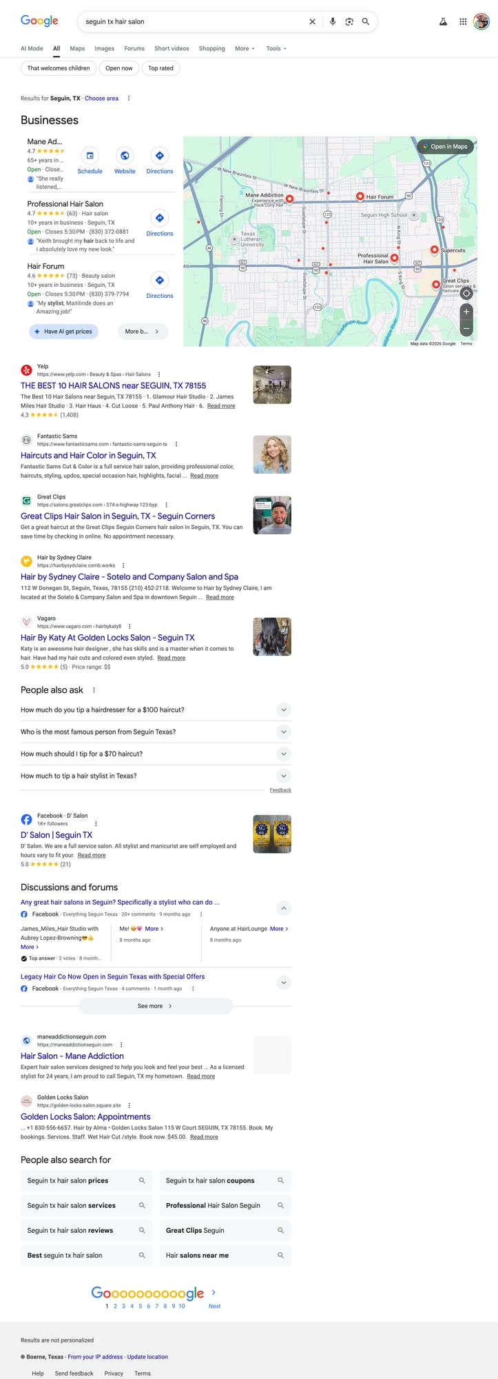 Google search results for 'seguin tx hair salon' showing listings with and without website buttons