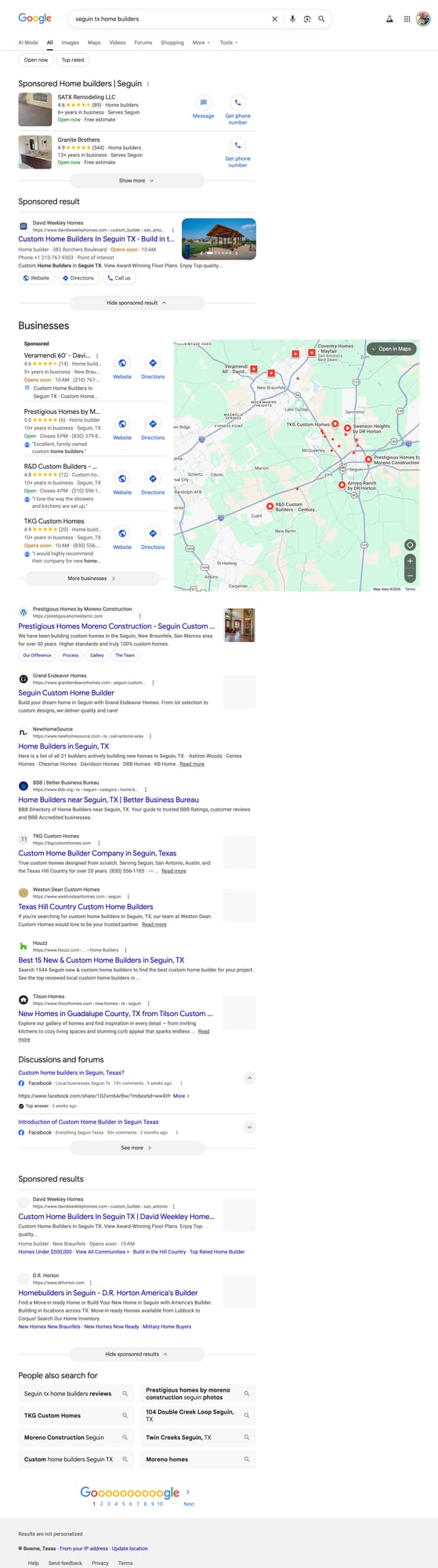 Google search results for 'seguin tx home builders' showing sponsored map pack placement and TKG Custom Homes listing
