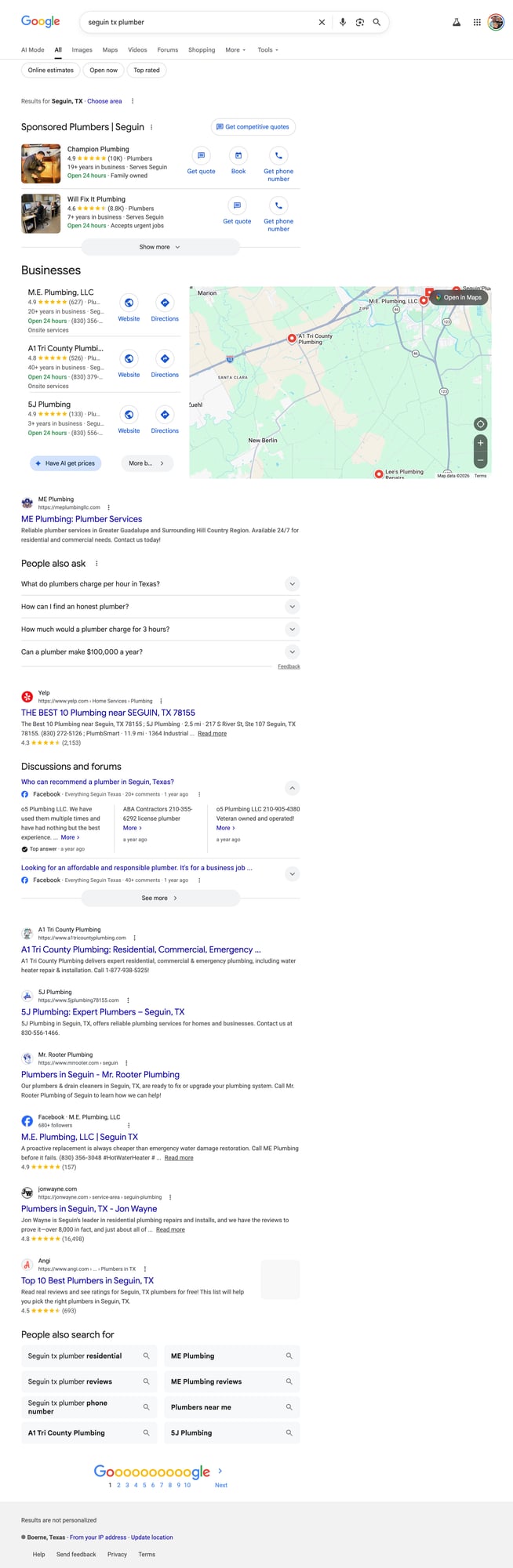 Google search results for 'seguin tx plumber' showing Local Services Ads at the top before the standard map pack