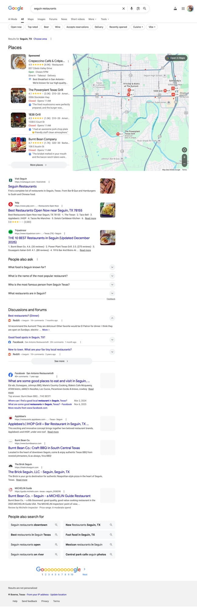 Google search results for 'seguin restaurants' showing map pack with Powerplant Texas Grill, 1838 Grill, and Burnt Bean Company
