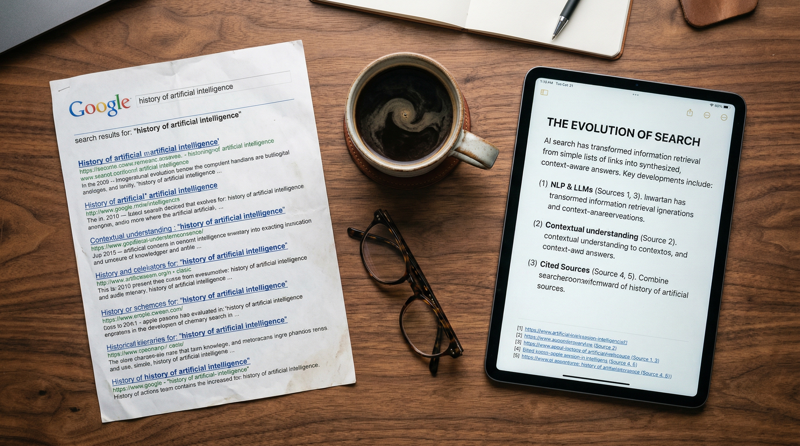 Smartphone showing Google search results on a desk with coffee and notebook