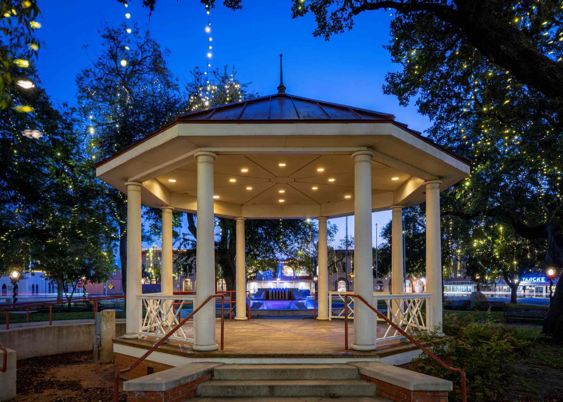 Texas Hill Country storefront at golden hour representing a local business with strong trust signals