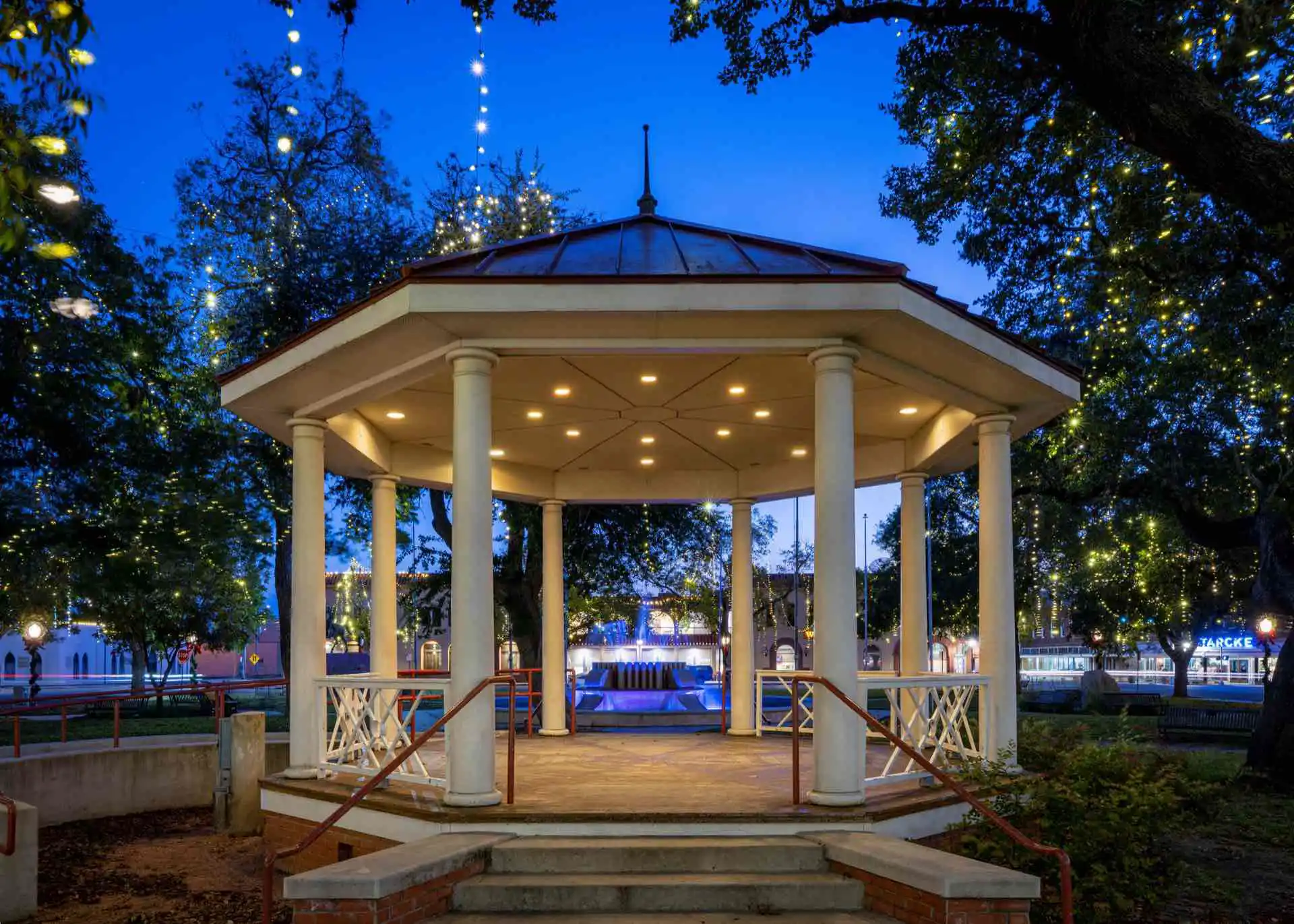 Texas Hill Country storefront at golden hour representing a local business with strong trust signals