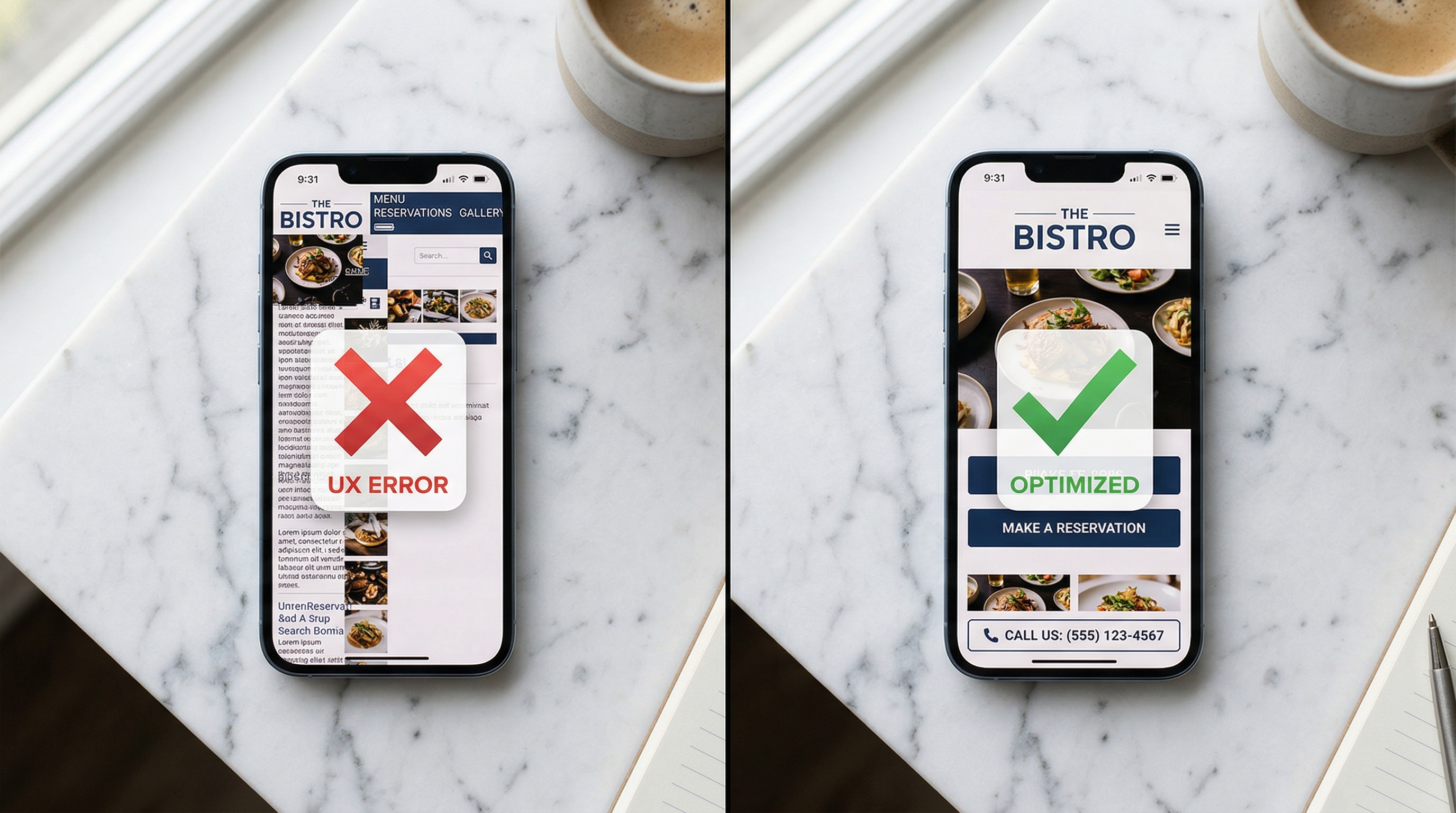 Side by side comparison of a broken mobile website versus a properly optimized mobile website