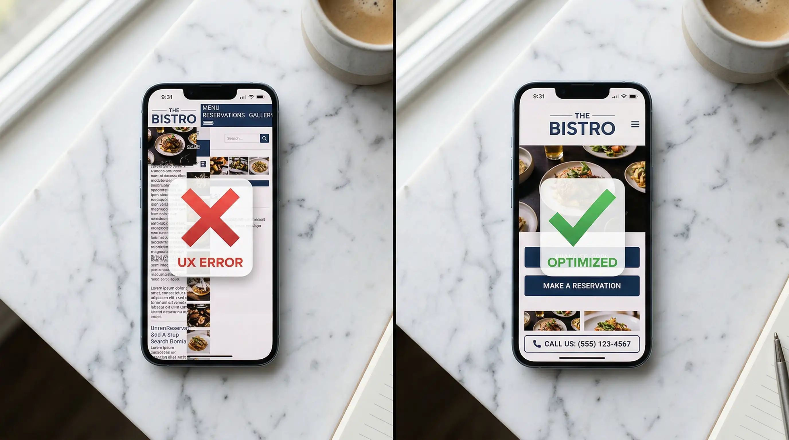 Side by side comparison of a broken mobile website versus a properly optimized mobile website