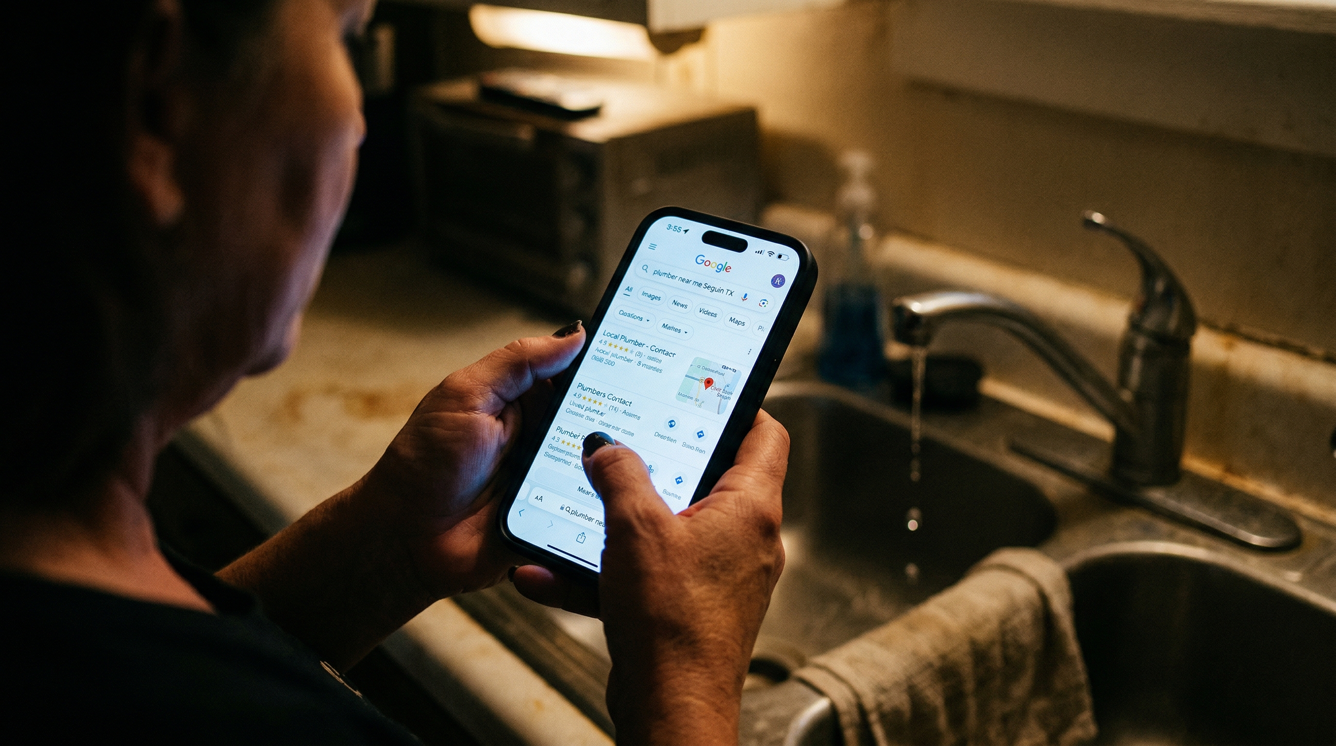 Person searching for plumber near me on their phone in a kitchen with a leaking faucet